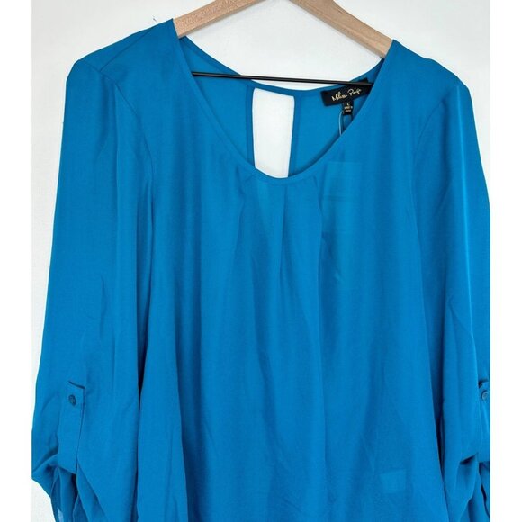 Melissa Paige Blouse Women Large Blue Long Roll Tab Sleeve Cross Back NWT - Picture 2 of 10